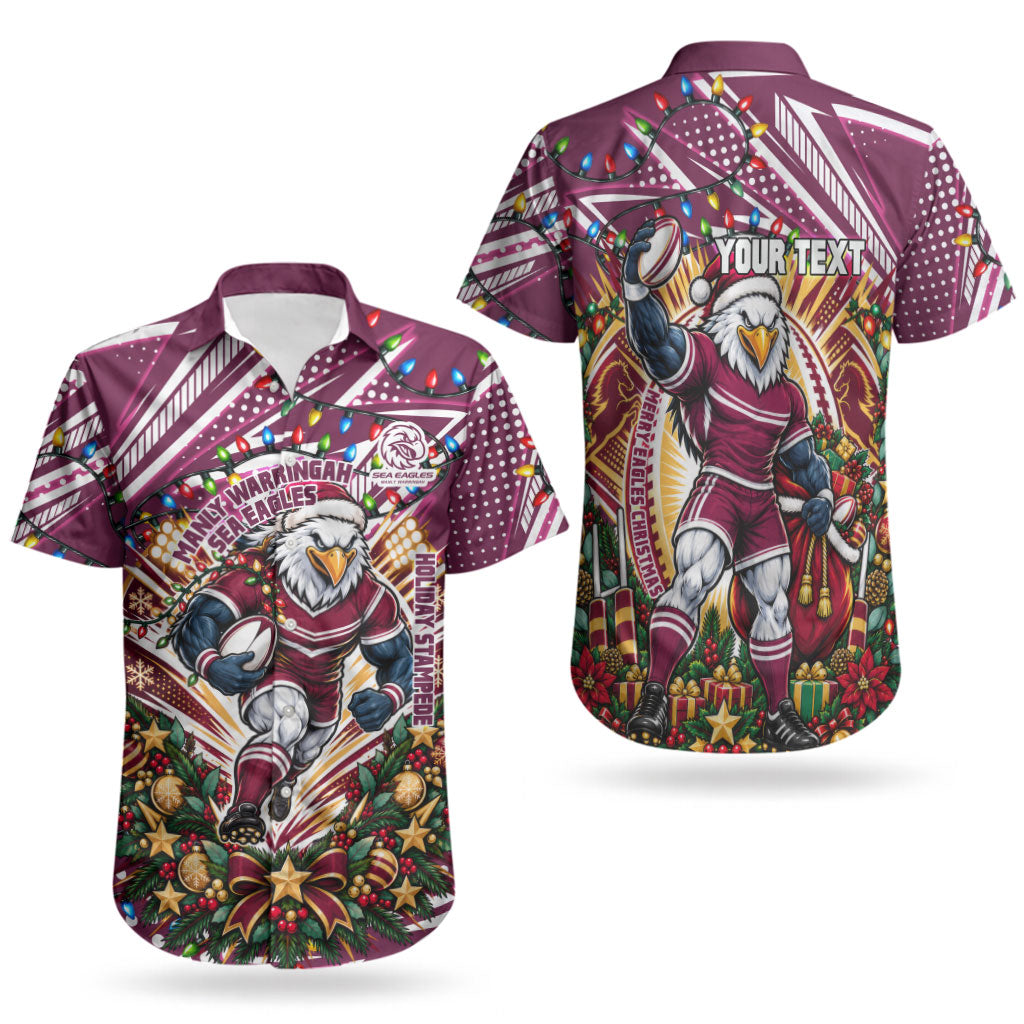 Personalized Manly Warringah Sea Eagles Rugby Christmas Couples Matching Mermaid Dress and Hawaiian Shirt Holiday Mascot Graphic Art Festive Lights Bow