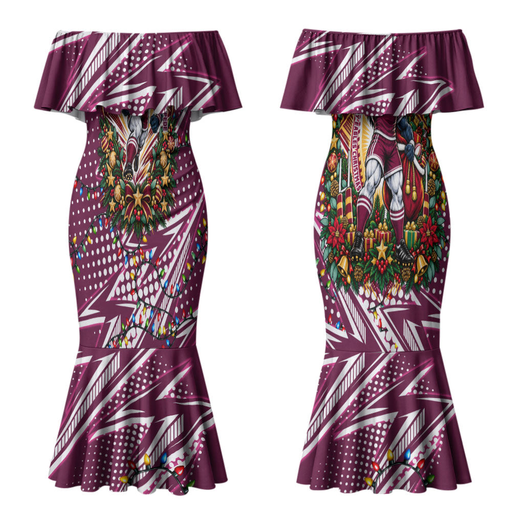 Personalized Manly Warringah Sea Eagles Rugby Christmas Couples Matching Mermaid Dress and Hawaiian Shirt Holiday Mascot Graphic Art Festive Lights Bow
