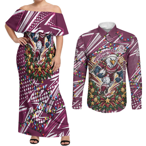 Personalized Manly Warringah Sea Eagles Rugby Christmas Couples Matching Off Shoulder Maxi Dress and Long Sleeve Button Shirt Holiday Mascot Graphic Art Festive Lights Bow
