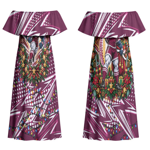 Personalized Manly Warringah Sea Eagles Rugby Christmas Couples Matching Off Shoulder Maxi Dress and Long Sleeve Button Shirt Holiday Mascot Graphic Art Festive Lights Bow