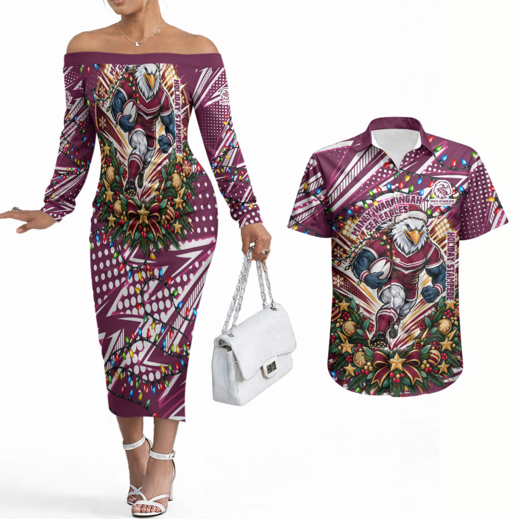 Personalized Manly Warringah Sea Eagles Rugby Christmas Couples Matching Off The Shoulder Long Sleeve Dress and Hawaiian Shirt Holiday Mascot Graphic Art Festive Lights Bow
