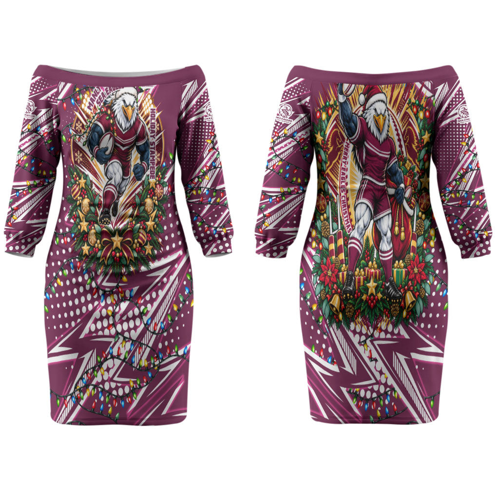Personalized Manly Warringah Sea Eagles Rugby Christmas Couples Matching Off The Shoulder Long Sleeve Dress and Hawaiian Shirt Holiday Mascot Graphic Art Festive Lights Bow