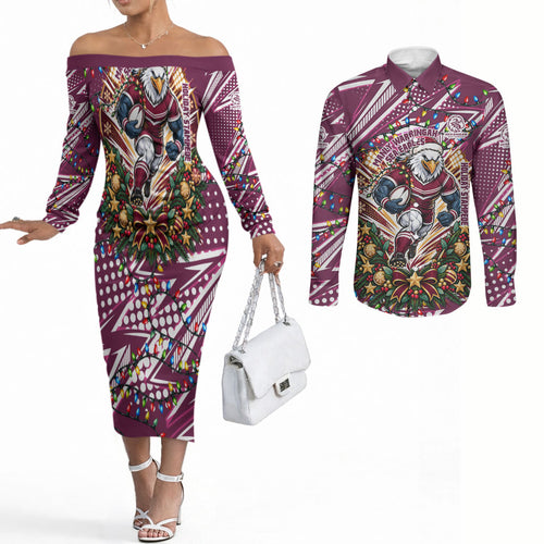 Personalized Manly Warringah Sea Eagles Rugby Christmas Couples Matching Off The Shoulder Long Sleeve Dress and Long Sleeve Button Shirt Holiday Mascot Graphic Art Festive Lights Bow