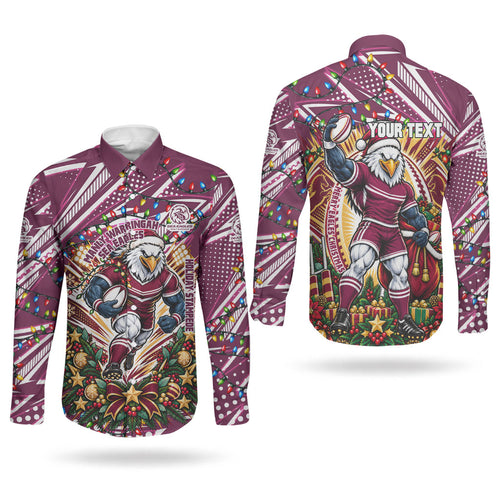 Personalized Manly Warringah Sea Eagles Rugby Christmas Couples Matching Off The Shoulder Long Sleeve Dress and Long Sleeve Button Shirt Holiday Mascot Graphic Art Festive Lights Bow