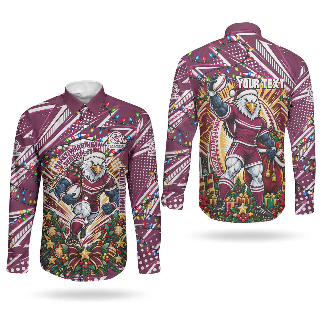 Personalized Manly Warringah Sea Eagles Rugby Christmas Couples Matching Puletasi and Long Sleeve Button Shirt Holiday Mascot Graphic Art Festive Lights Bow