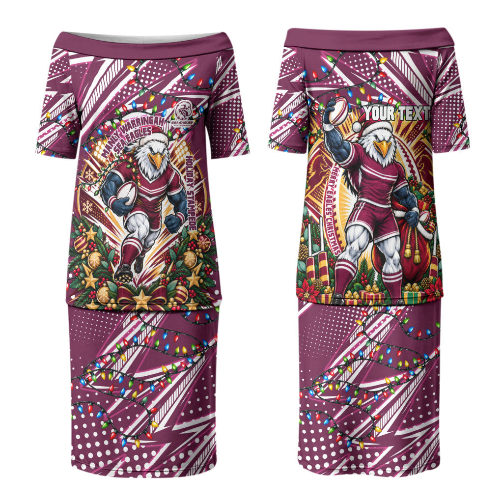 Personalized Manly Warringah Sea Eagles Rugby Christmas Couples Matching Puletasi and Long Sleeve Button Shirt Holiday Mascot Graphic Art Festive Lights Bow