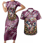 Personalized Manly Warringah Sea Eagles Rugby Christmas Couples Matching Short Sleeve Bodycon Dress and Hawaiian Shirt Holiday Mascot Graphic Art Festive Lights Bow