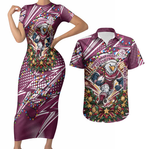 Personalized Manly Warringah Sea Eagles Rugby Christmas Couples Matching Short Sleeve Bodycon Dress and Hawaiian Shirt Holiday Mascot Graphic Art Festive Lights Bow