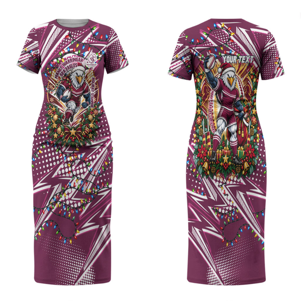 Personalized Manly Warringah Sea Eagles Rugby Christmas Couples Matching Short Sleeve Bodycon Dress and Hawaiian Shirt Holiday Mascot Graphic Art Festive Lights Bow
