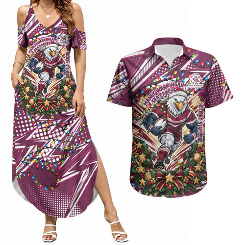 Personalized Manly Warringah Sea Eagles Rugby Christmas Couples Matching Summer Maxi Dress and Hawaiian Shirt Holiday Mascot Graphic Art Festive Lights Bow
