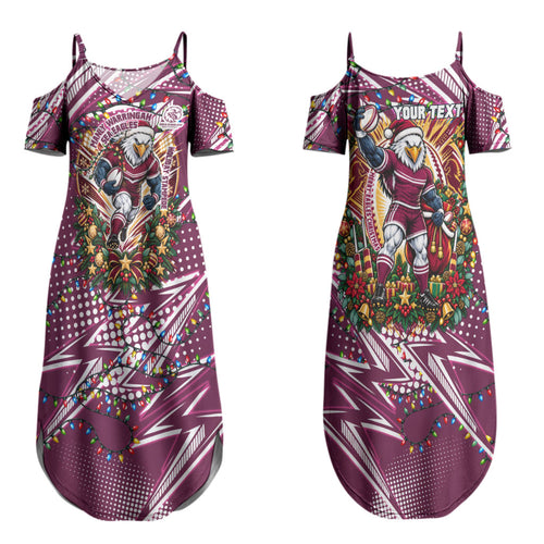 Personalized Manly Warringah Sea Eagles Rugby Christmas Couples Matching Summer Maxi Dress and Hawaiian Shirt Holiday Mascot Graphic Art Festive Lights Bow