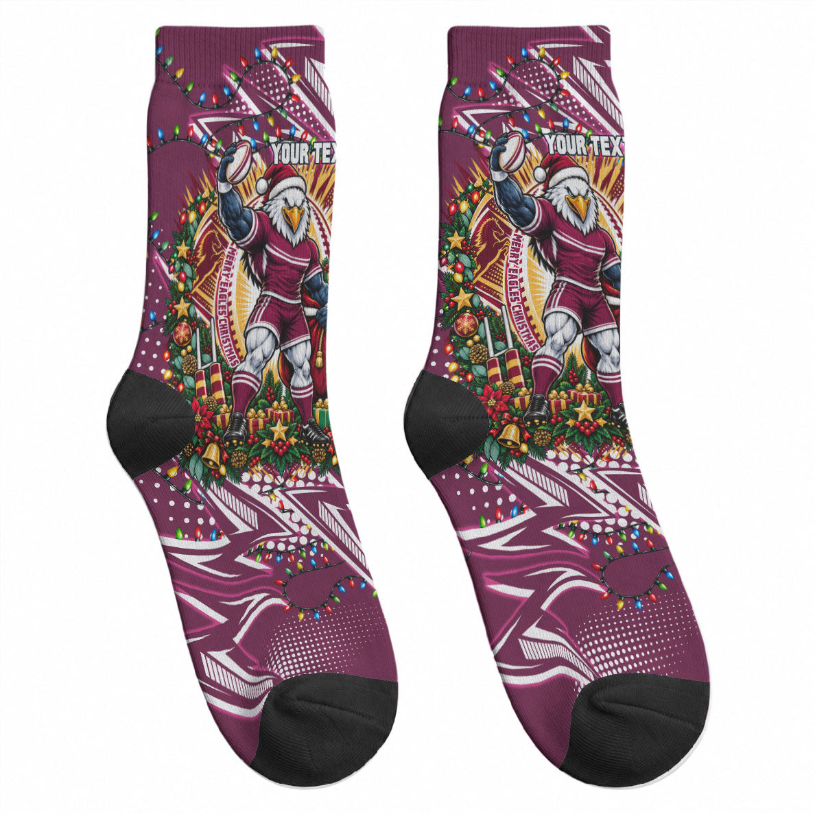 Personalized Manly Warringah Sea Eagles Rugby Christmas Crew Socks Holiday Mascot Graphic Art Festive Lights Bow