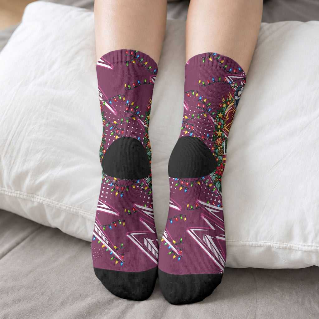 Personalized Manly Warringah Sea Eagles Rugby Christmas Crew Socks Holiday Mascot Graphic Art Festive Lights Bow