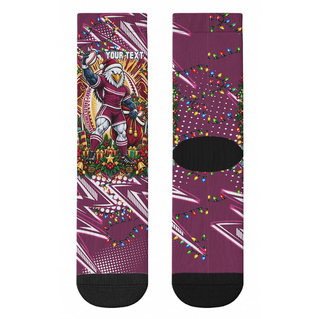 Personalized Manly Warringah Sea Eagles Rugby Christmas Crew Socks Holiday Mascot Graphic Art Festive Lights Bow