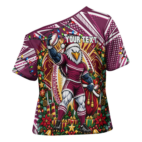 Personalized Manly Warringah Sea Eagles Rugby Christmas Cross Shoulder Shirt Holiday Mascot Graphic Art Festive Lights Bow