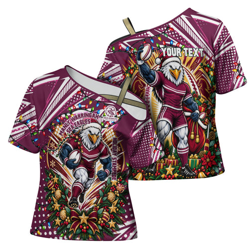 Personalized Manly Warringah Sea Eagles Rugby Christmas Cross Shoulder Shirt Holiday Mascot Graphic Art Festive Lights Bow