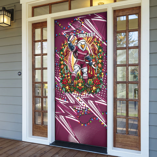 Personalized Manly Warringah Sea Eagles Rugby Christmas Door Cover Holiday Mascot Graphic Art Festive Lights Bow
