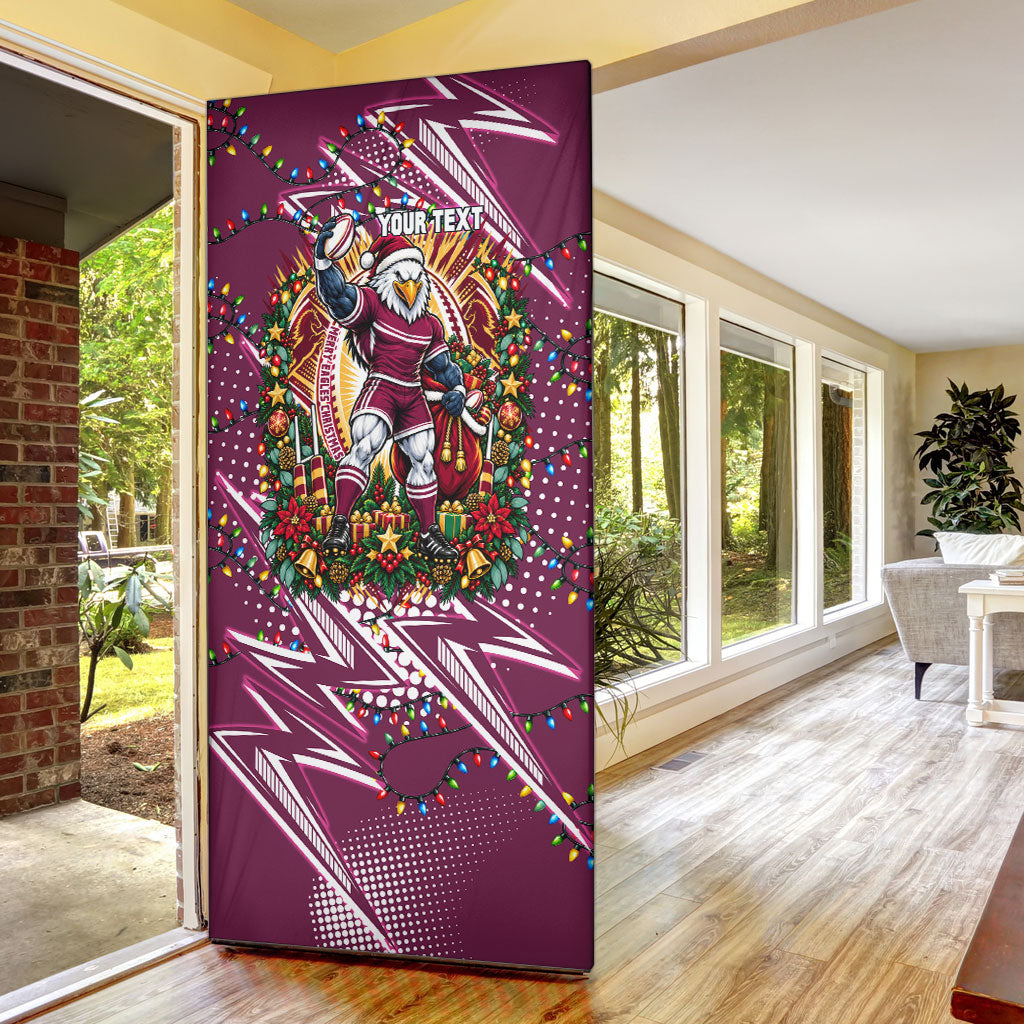 Personalized Manly Warringah Sea Eagles Rugby Christmas Door Cover Holiday Mascot Graphic Art Festive Lights Bow