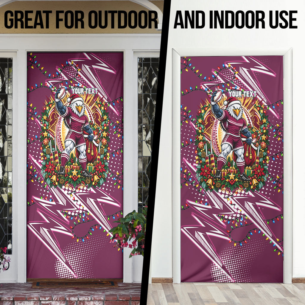 Personalized Manly Warringah Sea Eagles Rugby Christmas Door Cover Holiday Mascot Graphic Art Festive Lights Bow