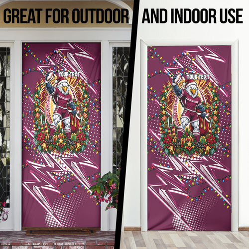 Personalized Manly Warringah Sea Eagles Rugby Christmas Door Cover Holiday Mascot Graphic Art Festive Lights Bow