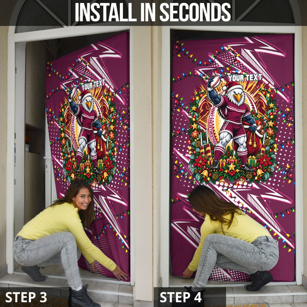 Personalized Manly Warringah Sea Eagles Rugby Christmas Door Cover Holiday Mascot Graphic Art Festive Lights Bow