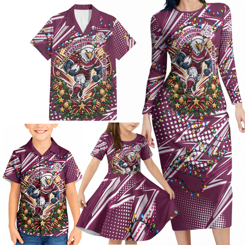 Personalized Manly Warringah Sea Eagles Rugby Christmas Family Matching Long Sleeve Bodycon Dress and Hawaiian Shirt Holiday Mascot Graphic Art Festive Lights Bow