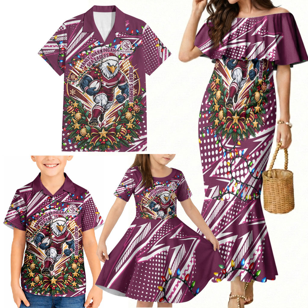 Personalized Manly Warringah Sea Eagles Rugby Christmas Family Matching Mermaid Dress and Hawaiian Shirt Holiday Mascot Graphic Art Festive Lights Bow