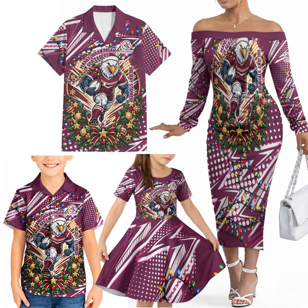 Personalized Manly Warringah Sea Eagles Rugby Christmas Family Matching Off The Shoulder Long Sleeve Dress and Hawaiian Shirt Holiday Mascot Graphic Art Festive Lights Bow
