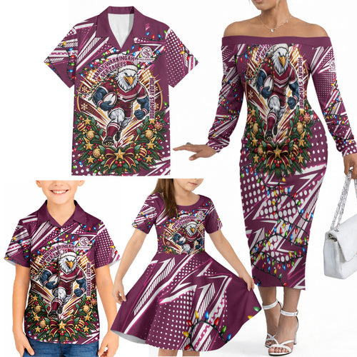 Personalized Manly Warringah Sea Eagles Rugby Christmas Family Matching Off The Shoulder Long Sleeve Dress and Hawaiian Shirt Holiday Mascot Graphic Art Festive Lights Bow
