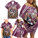 Personalized Manly Warringah Sea Eagles Rugby Christmas Family Matching Off Shoulder Short Dress and Hawaiian Shirt Holiday Mascot Graphic Art Festive Lights Bow
