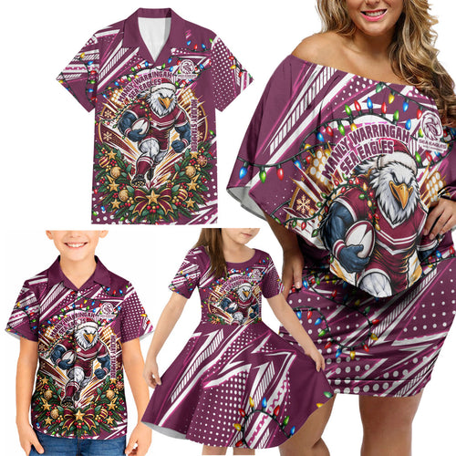 Personalized Manly Warringah Sea Eagles Rugby Christmas Family Matching Off Shoulder Short Dress and Hawaiian Shirt Holiday Mascot Graphic Art Festive Lights Bow