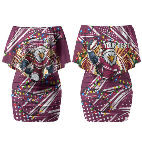 Personalized Manly Warringah Sea Eagles Rugby Christmas Family Matching Off Shoulder Short Dress and Hawaiian Shirt Holiday Mascot Graphic Art Festive Lights Bow