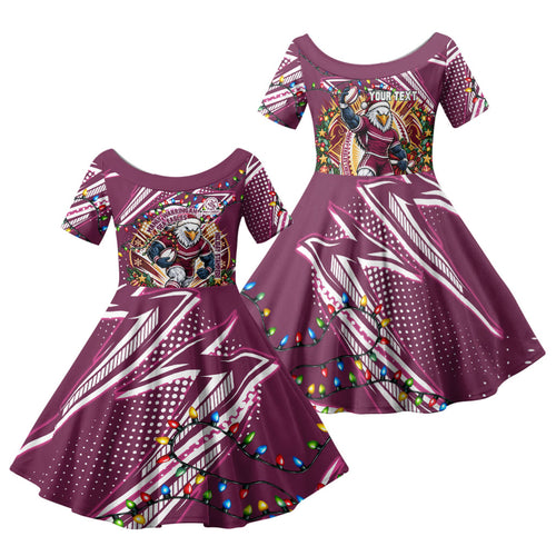 Personalized Manly Warringah Sea Eagles Rugby Christmas Family Matching Off Shoulder Short Dress and Hawaiian Shirt Holiday Mascot Graphic Art Festive Lights Bow