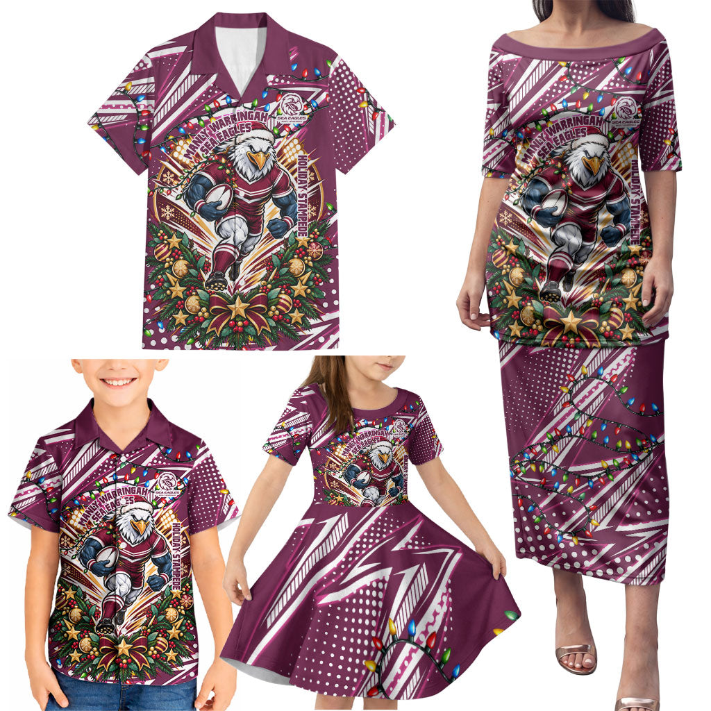 Personalized Manly Warringah Sea Eagles Rugby Christmas Family Matching Puletasi and Hawaiian Shirt Holiday Mascot Graphic Art Festive Lights Bow