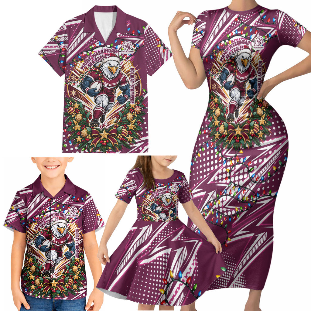 Personalized Manly Warringah Sea Eagles Rugby Christmas Family Matching Short Sleeve Bodycon Dress and Hawaiian Shirt Holiday Mascot Graphic Art Festive Lights Bow
