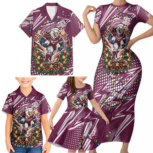 Personalized Manly Warringah Sea Eagles Rugby Christmas Family Matching Short Sleeve Bodycon Dress and Hawaiian Shirt Holiday Mascot Graphic Art Festive Lights Bow
