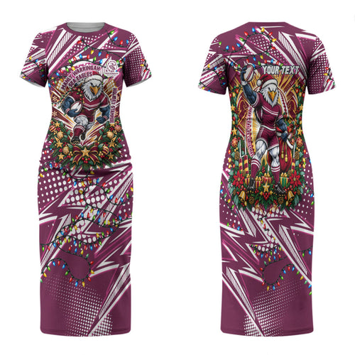 Personalized Manly Warringah Sea Eagles Rugby Christmas Family Matching Short Sleeve Bodycon Dress and Hawaiian Shirt Holiday Mascot Graphic Art Festive Lights Bow