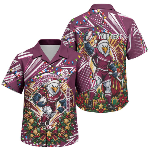 Personalized Manly Warringah Sea Eagles Rugby Christmas Family Matching Short Sleeve Bodycon Dress and Hawaiian Shirt Holiday Mascot Graphic Art Festive Lights Bow