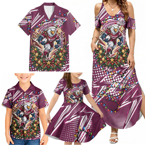 Personalized Manly Warringah Sea Eagles Rugby Christmas Family Matching Summer Maxi Dress and Hawaiian Shirt Holiday Mascot Graphic Art Festive Lights Bow