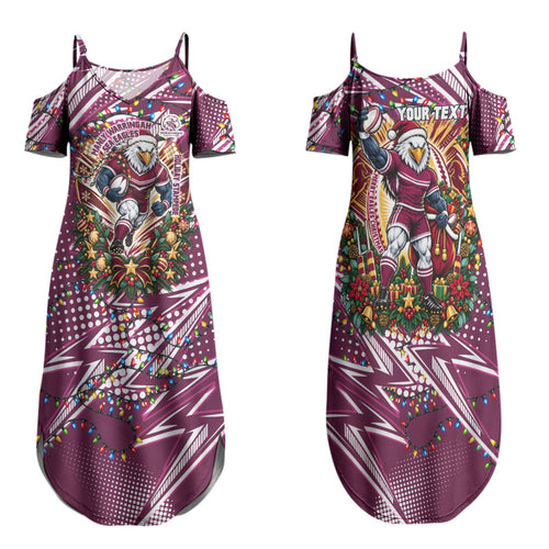 Personalized Manly Warringah Sea Eagles Rugby Christmas Family Matching Summer Maxi Dress and Hawaiian Shirt Holiday Mascot Graphic Art Festive Lights Bow