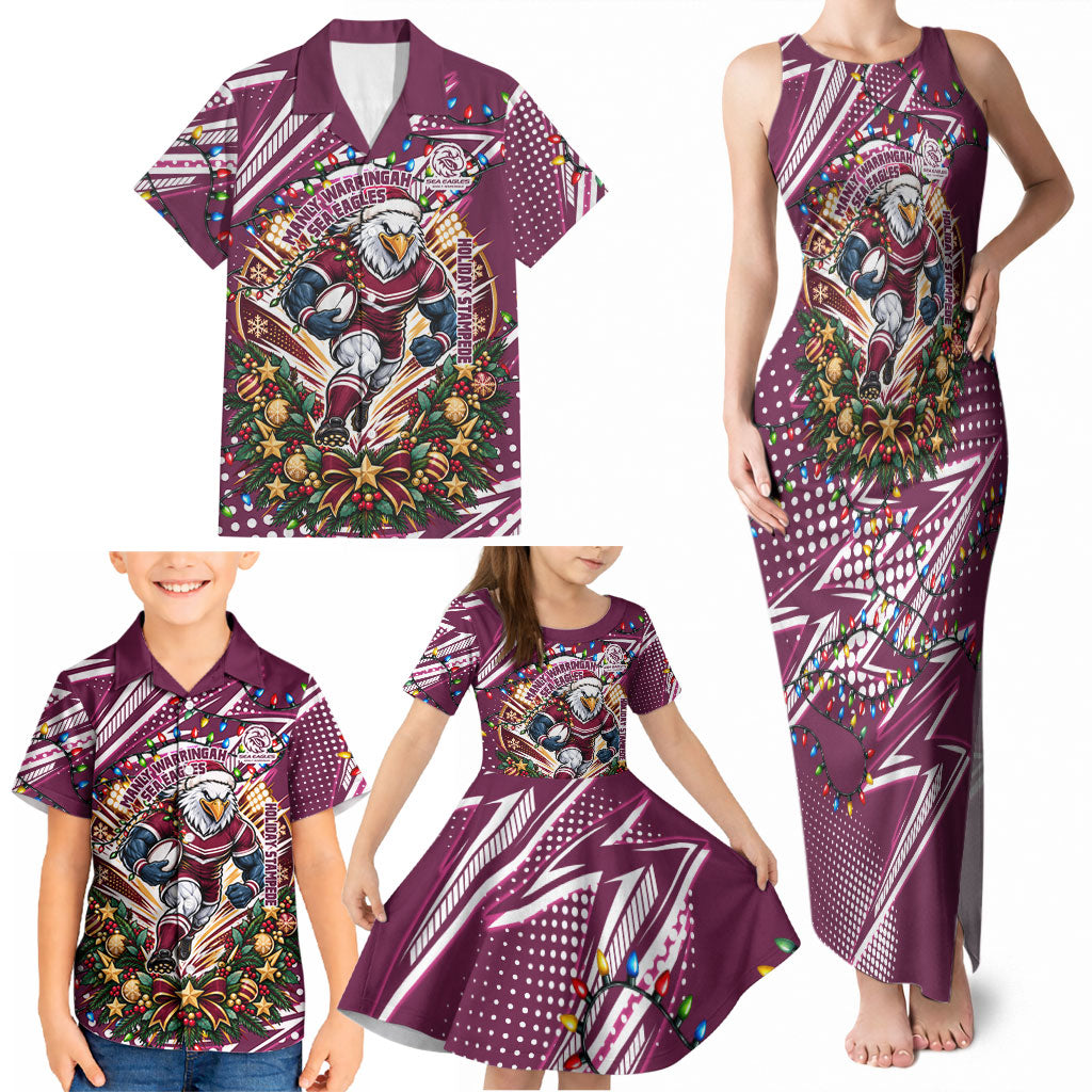 Personalized Manly Warringah Sea Eagles Rugby Christmas Family Matching Tank Maxi Dress and Hawaiian Shirt Holiday Mascot Graphic Art Festive Lights Bow