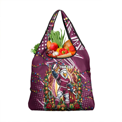 Personalized Manly Warringah Sea Eagles Rugby Christmas Grocery Bag Holiday Mascot Graphic Art Festive Lights Bow
