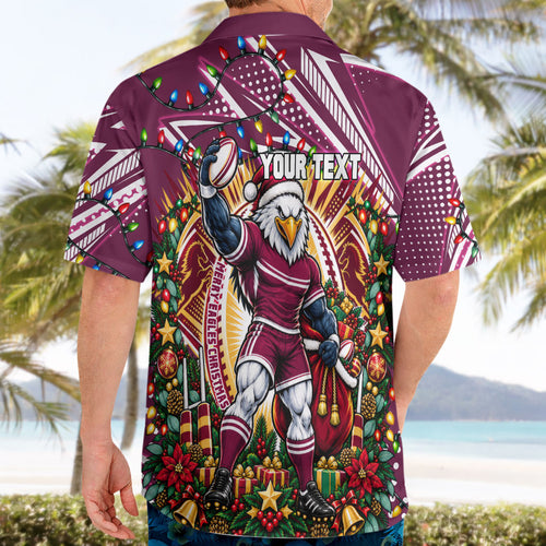 Personalized Manly Warringah Sea Eagles Rugby Christmas Hawaiian Shirt Holiday Mascot Graphic Art Festive Lights Bow
