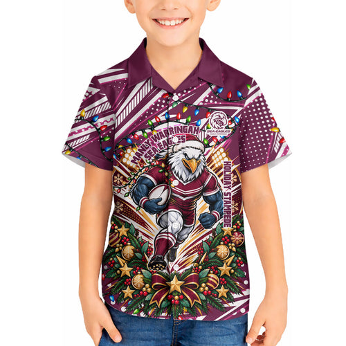 Personalized Manly Warringah Sea Eagles Rugby Christmas Hawaiian Shirt Holiday Mascot Graphic Art Festive Lights Bow