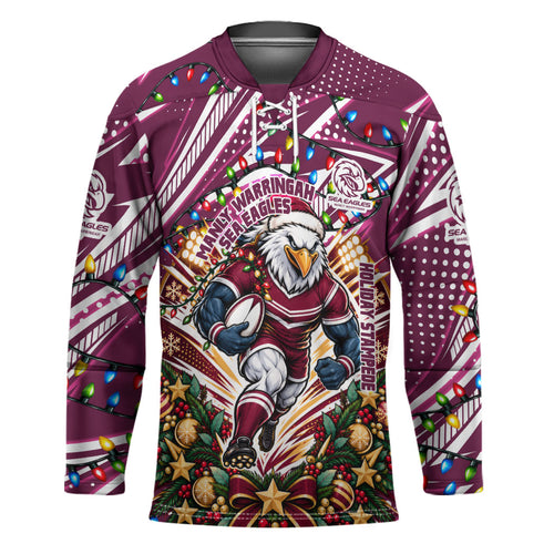 Personalized Manly Warringah Sea Eagles Rugby Christmas Hockey Jersey Holiday Mascot Graphic Art Festive Lights Bow