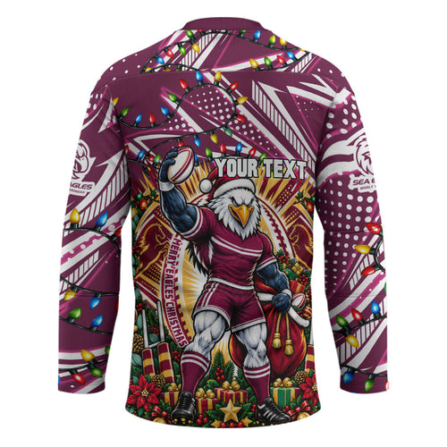 Personalized Manly Warringah Sea Eagles Rugby Christmas Hockey Jersey Holiday Mascot Graphic Art Festive Lights Bow