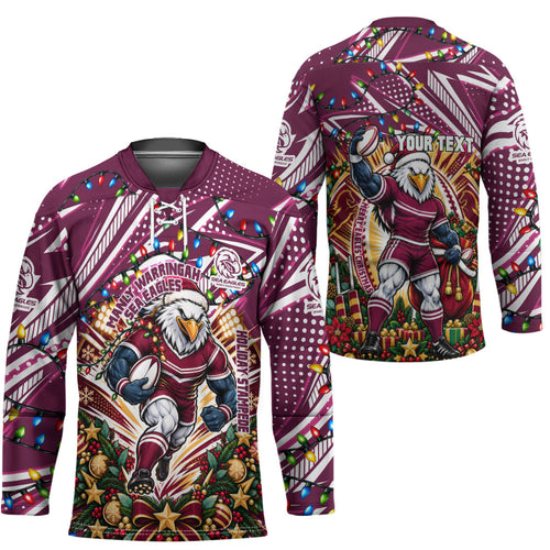 Personalized Manly Warringah Sea Eagles Rugby Christmas Hockey Jersey Holiday Mascot Graphic Art Festive Lights Bow