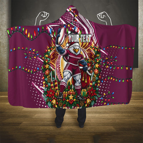 Personalized Manly Warringah Sea Eagles Rugby Christmas Hooded Blanket Holiday Mascot Graphic Art Festive Lights Bow