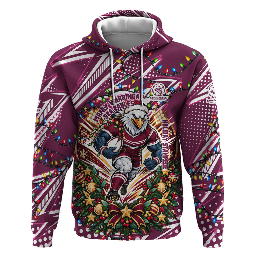 Personalized Manly Warringah Sea Eagles Rugby Christmas Hoodie Holiday Mascot Graphic Art Festive Lights Bow