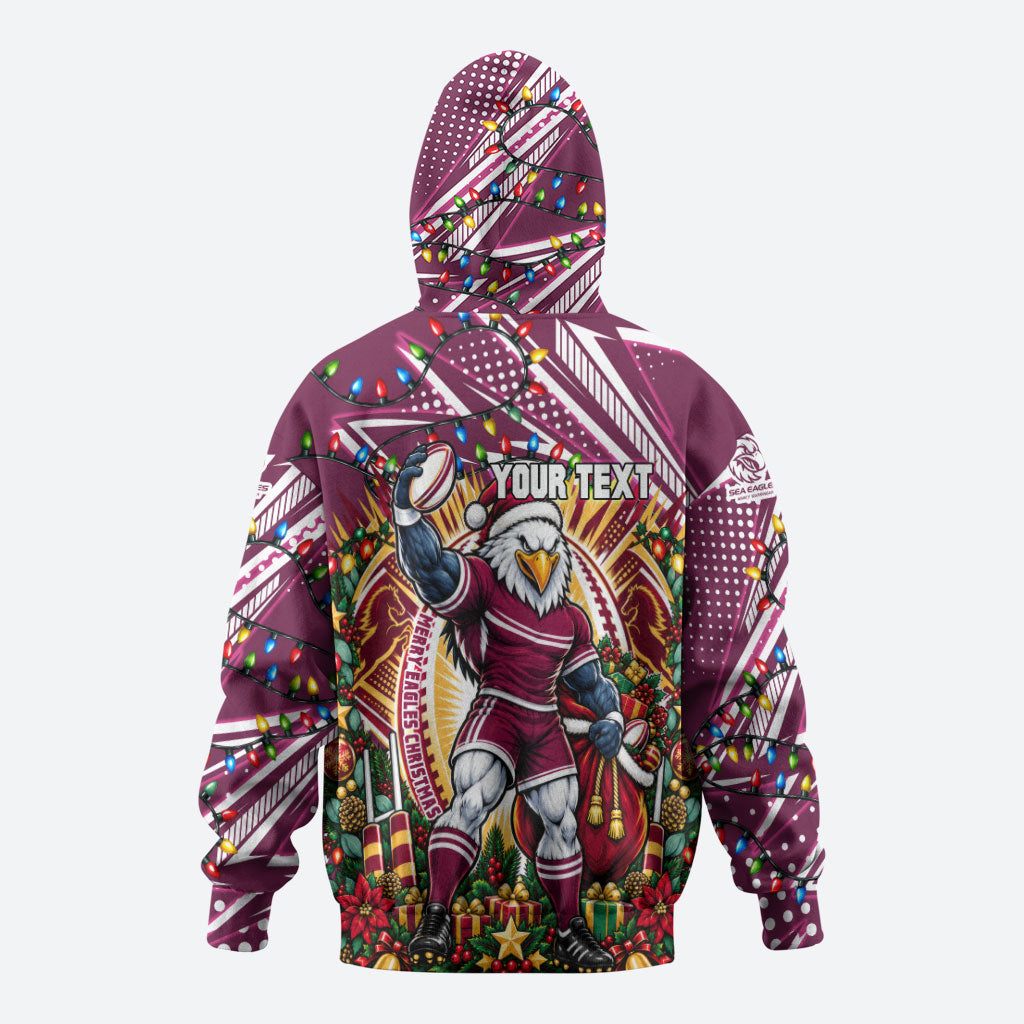 Personalized Manly Warringah Sea Eagles Rugby Christmas Hoodie Holiday Mascot Graphic Art Festive Lights Bow